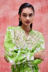 Shop_Pankaj & Nidhi_Green Linen Printed Floral Mandarin Collar Cleo Tiered Dress _Online_at_Aza_Fashions