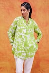 Pankaj & Nidhi_Green Silk Crepe Printed Floral Mandarin Collar Cleo Tunic _Online_at_Aza_Fashions