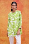 Buy_Pankaj & Nidhi_Green Silk Crepe Printed Floral Mandarin Collar Cleo Tunic _Online_at_Aza_Fashions