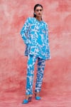 Buy_Pankaj & Nidhi_Blue Silk Crepe Printed Floral Mandarin Collar Cleo Tunic And Pant Set _at_Aza_Fashions
