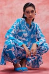 Shop_Pankaj & Nidhi_Blue Silk Crepe Printed Floral Mandarin Collar Cleo Tunic And Pant Set _Online_at_Aza_Fashions