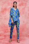 Buy_Pankaj & Nidhi_Blue Silk Crepe Printed Floral V Neck Cleo High Low Top And Pant Set _Online_at_Aza_Fashions