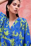 Pankaj & Nidhi_Blue Silk Crepe Printed Floral V Neck Cleo High Low Top And Pant Set _at_Aza_Fashions