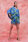 Buy_Pankaj & Nidhi_Blue Silk Crepe Printed Floral V Neck Cleo High Low Top And Shorts Set _at_Aza_Fashions