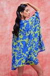 Shop_Pankaj & Nidhi_Blue Silk Crepe Printed Floral V Neck Cleo High Low Top And Shorts Set  _at_Aza_Fashions