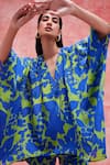 Buy_Pankaj & Nidhi_Blue Silk Crepe Printed Floral V Neck Cleo High Low Top And Shorts Set _Online_at_Aza_Fashions