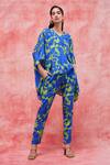 Pankaj & Nidhi_Blue Silk Crepe Printed Floral V Neck Cleo High Low Top _Online_at_Aza_Fashions