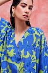 Shop_Pankaj & Nidhi_Blue Silk Crepe Printed Floral V Neck Cleo High Low Top _Online_at_Aza_Fashions