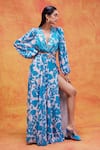 Buy_Pankaj & Nidhi_Blue Chiffon Printed Floral Plunge V Neck Cleo Cut Out Maxi Dress  _at_Aza_Fashions