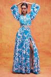 Pankaj & Nidhi_Blue Chiffon Printed Floral Plunge V Neck Cleo Cut Out Maxi Dress  _Online_at_Aza_Fashions