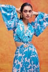 Pankaj & Nidhi_Blue Chiffon Printed Floral Plunge V Neck Cleo Cut Out Maxi Dress  _at_Aza_Fashions