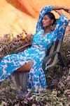 Shop_Pankaj & Nidhi_Blue Chiffon Printed Floral Plunge V Neck Cleo Cut Out Maxi Dress  