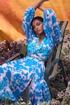 Pankaj & Nidhi_Blue Chiffon Printed Floral Plunge V Neck Cleo Cut Out Maxi Dress  _Online