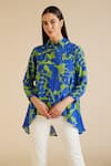 Pankaj & Nidhi_Blue Silk Crepe Printed Floral Straight Cleo Classic High Low Shirt _Online_at_Aza_Fashions