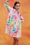 Pankaj & Nidhi_Ivory Chiffon Printed And Embellished Vivid Floral Joyce Shirt Dress _Online_at_Aza_Fashions