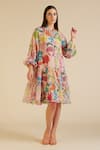 Buy_Pankaj & Nidhi_Beige Chiffon Printed And Hand Embroidered Vivid Joyce Tiered Dress _at_Aza_Fashions