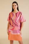 Pankaj & Nidhi_Pink Heavy Crepe Printed Mediterranean Mosaic Willa Puff Sleeve Dress _Online_at_Aza_Fashions