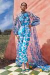 Buy_Pankaj & Nidhi_Blue Organza + Satin Twill Printed Leaf Cleo Sheer Floral And Pant Set _at_Aza_Fashions