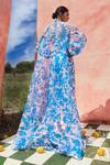 Pankaj & Nidhi_Blue Organza + Satin Twill Printed Leaf Cleo Sheer Floral And Pant Set _Online_at_Aza_Fashions