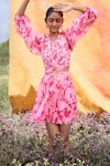 Buy_Pankaj & Nidhi_Pink Chiffon Printed Floral V Neck Cleo Cut-out Mini Dress _at_Aza_Fashions