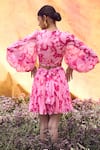 Shop_Pankaj & Nidhi_Pink Chiffon Printed Floral V Neck Cleo Cut-out Mini Dress _at_Aza_Fashions