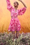 Pankaj & Nidhi_Pink Chiffon Printed Floral V Neck Cleo Cut-out Mini Dress _Online_at_Aza_Fashions