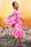 Buy_Pankaj & Nidhi_Pink Chiffon Printed Floral V Neck Cleo Cut-out Mini Dress _Online_at_Aza_Fashions