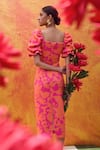 Pankaj & Nidhi_Pink Neoprene Printed Floral Square Neck Cleo Sheath Dress _Online_at_Aza_Fashions