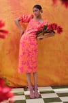 Buy_Pankaj & Nidhi_Pink Neoprene Printed Floral Square Neck Cleo Sheath Dress _Online_at_Aza_Fashions