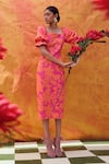 Shop_Pankaj & Nidhi_Pink Neoprene Printed Floral Square Neck Cleo Sheath Dress _Online_at_Aza_Fashions