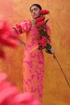 Shop_Pankaj & Nidhi_Pink Neoprene Printed Floral Square Neck Cleo Sheath Dress _at_Aza_Fashions