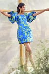 Buy_Pankaj & Nidhi_Blue Satin Twill Printed Floral Square Neck Cleo Puff Sleeve Dress  _Online_at_Aza_Fashions