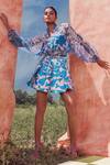 Buy_Pankaj & Nidhi_Blue Organza + Satin Twill Printed Floral Cleo Sheer Bomber Jacket _at_Aza_Fashions