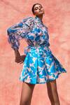 Pankaj & Nidhi_Blue Organza + Satin Twill Printed Floral Cleo Sheer Bomber Jacket _Online_at_Aza_Fashions