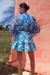 Pankaj & Nidhi_Blue Organza + Satin Twill Printed Cleo Bomber Jacket And Shorts Set  _Online_at_Aza_Fashions