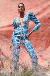 Buy_Pankaj & Nidhi_Blue Lurex Jacquard Printed Floral Plunge Cleo Structured Jumpsuit _at_Aza_Fashions