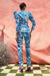 Pankaj & Nidhi_Blue Lurex Jacquard Printed Floral Plunge Cleo Structured Jumpsuit _Online_at_Aza_Fashions