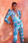Buy_Pankaj & Nidhi_Blue Lurex Jacquard Printed Floral Plunge Cleo Structured Jumpsuit _Online_at_Aza_Fashions