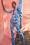 Shop_Pankaj & Nidhi_Blue Lurex Jacquard Printed Floral Plunge Cleo Structured Jumpsuit _Online_at_Aza_Fashions