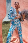 Pankaj & Nidhi_Blue Lurex Jacquard Printed Floral Plunge Cleo Structured Jumpsuit _at_Aza_Fashions