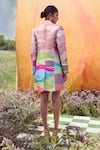 Shop_Pankaj & Nidhi_Beige Satin Twill Printed Dune Double Breasted Blazer And Dress Set _at_Aza_Fashions