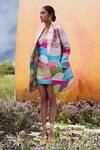 Shop_Pankaj & Nidhi_Beige Satin Twill Printed Dune Double Breasted Blazer And Dress Set _Online_at_Aza_Fashions
