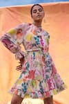 Shop_Pankaj & Nidhi_Ivory Chiffon Printed Floral Tie-up Joyce Tiered Dress _at_Aza_Fashions