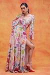 Buy_Pankaj & Nidhi_Ivory Chiffon Printed Floral V Neck Joyce Cut-out Dress _at_Aza_Fashions