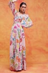 Pankaj & Nidhi_Ivory Chiffon Printed Floral V Neck Joyce Cut-out Dress _Online_at_Aza_Fashions