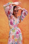 Shop_Pankaj & Nidhi_Ivory Chiffon Printed Floral V Neck Joyce Cut-out Dress _Online_at_Aza_Fashions