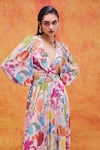 Pankaj & Nidhi_Ivory Chiffon Printed Floral V Neck Joyce Cut-out Dress _at_Aza_Fashions
