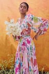 Shop_Pankaj & Nidhi_Ivory Chiffon Printed Floral V Neck Joyce Cut-out Dress 