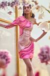Shop_Pankaj & Nidhi_Pink Neoprene Printed Mediterranean Mosaic Will One Shoulder Dress _at_Aza_Fashions