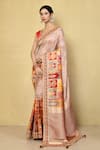 Buy_Samyukta Singhania_Beige Denim, Silk Embroidery Bandhani And Mughal Pattern Saree With Running Blouse_at_Aza_Fashions